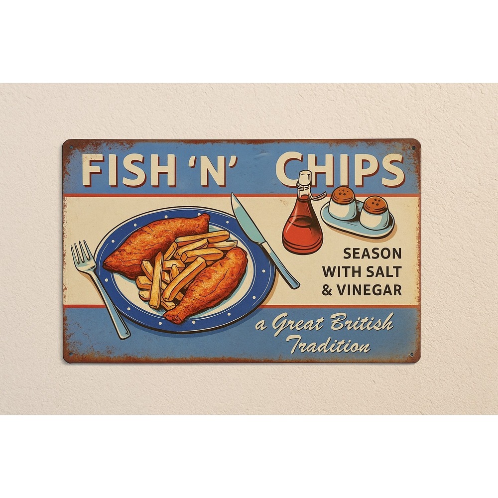 Fish N Chips Metal Sign,‎ 8 X 12, British Tradition Rustic-looking